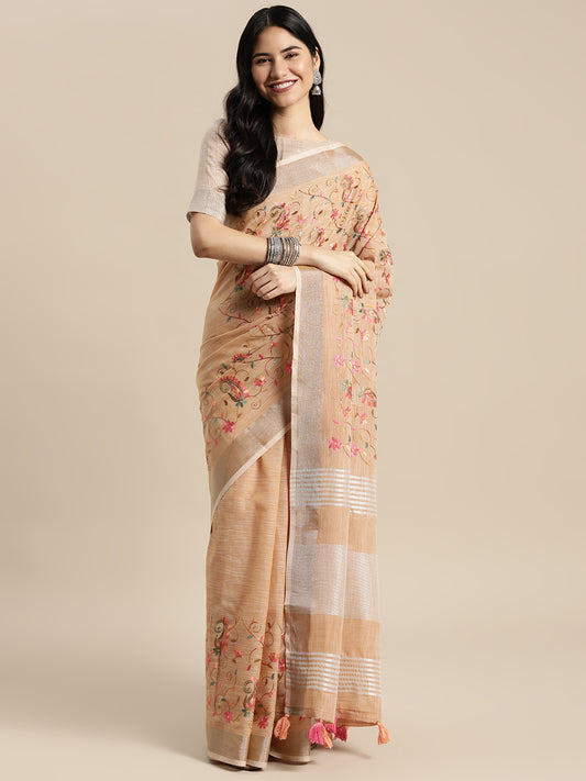 Royal Beige Linen Cotton Saree with Vibrant Floral Zari Border | Premium Festive & Party Collection