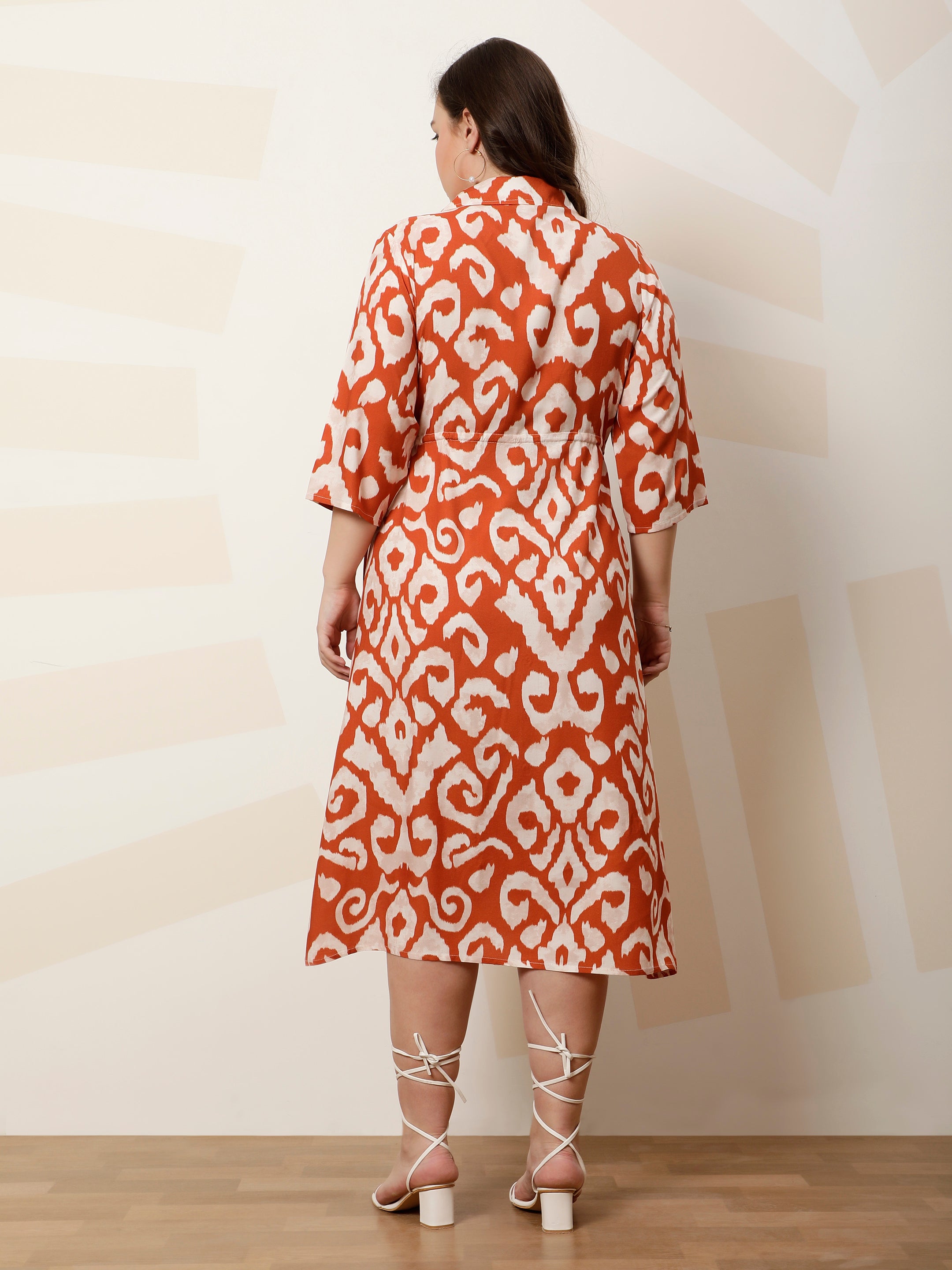 Women Printed Shirt Collar A-Line Midi Dress