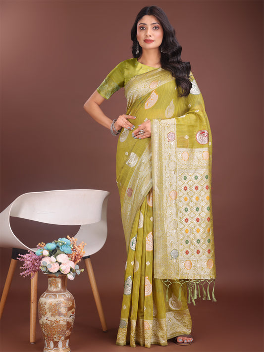 Elegant Olive Green Linen Cotton Saree with Zari Border & Woven Motifs – Perfect for Sophisticated Everyday & Festive Looks