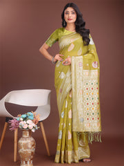 Elegant Olive Green Linen Cotton Saree with Zari Border & Woven Motifs – Perfect for Sophisticated Everyday & Festive Looks