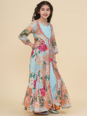 Silk Woven Three Fourth Sleeves Floral Print Fit And Flare Ethnic Dress With Jacket - Sea Green