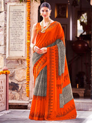 Women's Bhagalpuri Silk Orange Printed Designer Saree With Blouse Piece