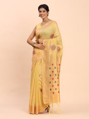 Elegant Linen Cotton Saree with Woven Pallu, Big Butta Work & Tassels - Office & Festive Wear