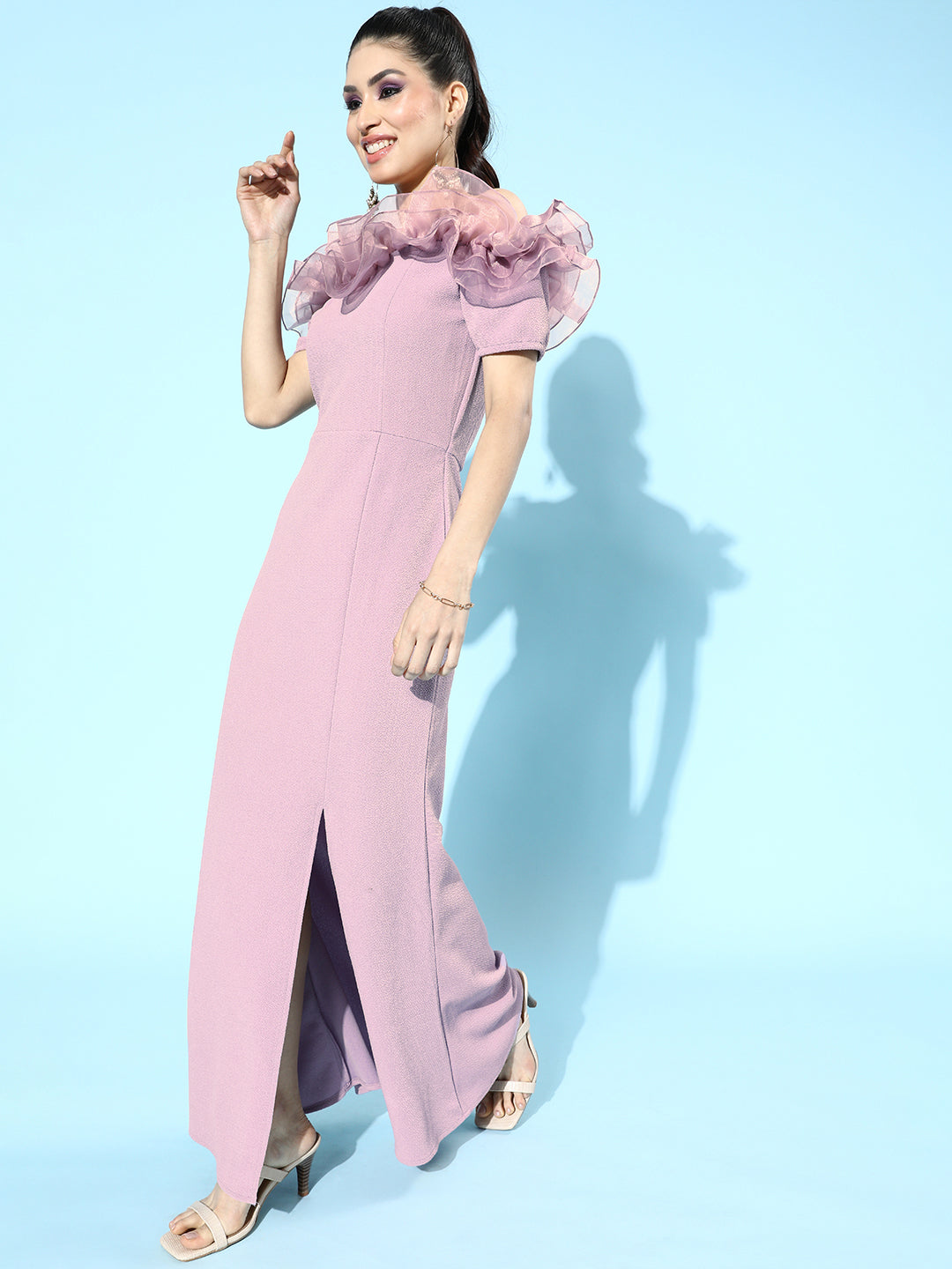 Lavender Scuba Bodycon Maxi Tulle Dress with Ruffled Shoulder