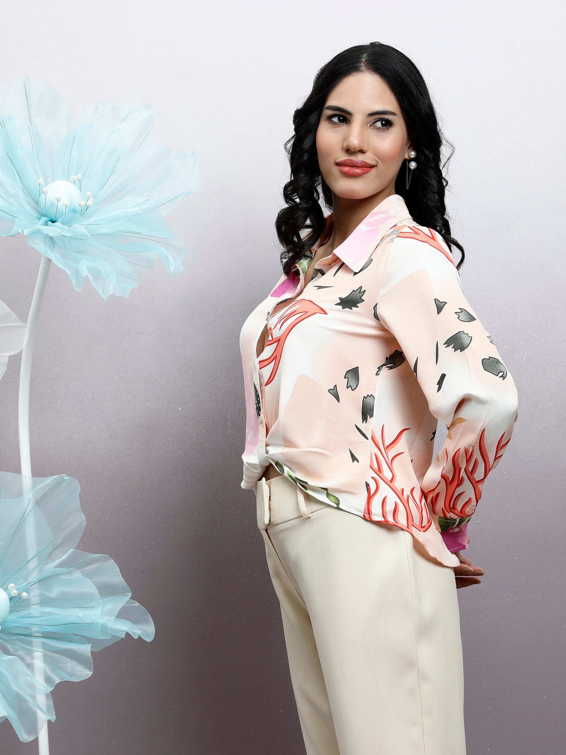 Women Abstract Printed Shirt Collar Top