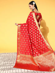 Women's Silk Blend Red WovenDesign CelebritySaree With Blouse Piece