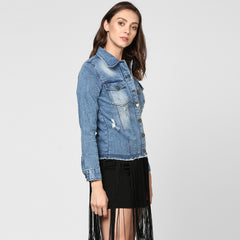 Women's Blue Distressed Denim Jacket