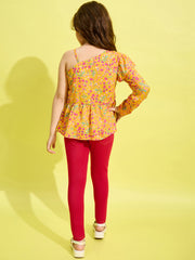Girls Yellow floral Printed One Shoulder top and Jeggings Set