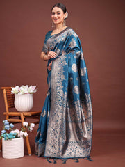 Emerald Banarasi Silk Saree with Zari Floral Work - Elegance Woven in Every Thread