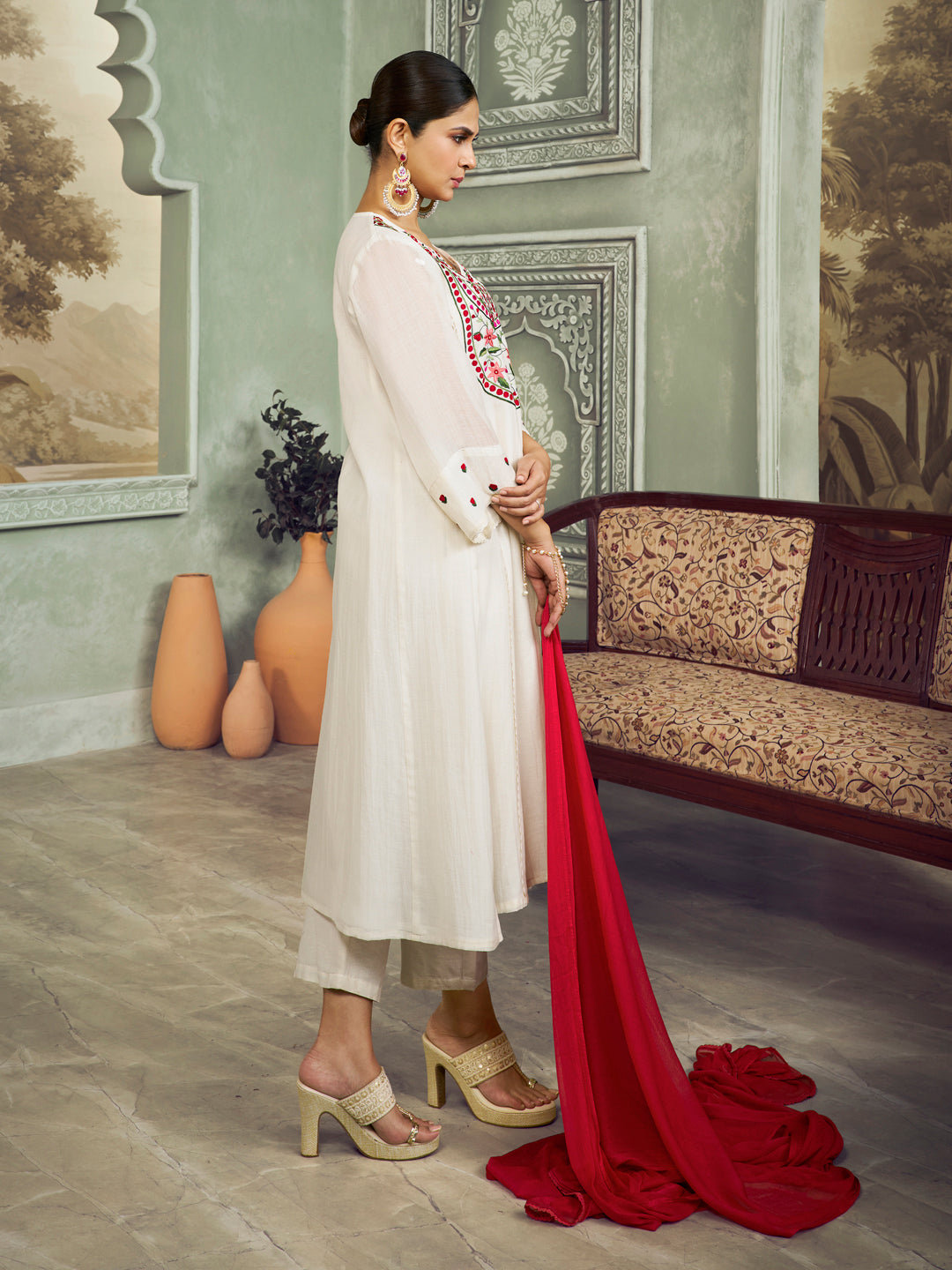 Off White Embroidered Yoke Straight Kurta Set With Dupatta.