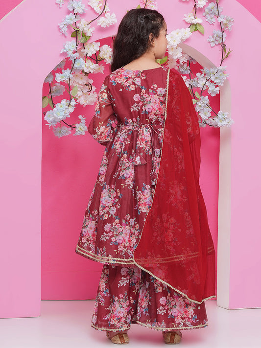 Girls Maroon Floral Printed Alia Design Kurta with Sharara with dupatta