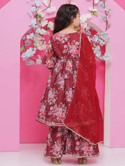 Girls Maroon Floral Printed Alia Design Kurta with Sharara with dupatta
