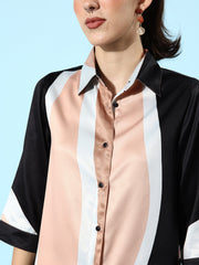 Women's Black & Beige Satin Shirt and Trousers Co-ord Set