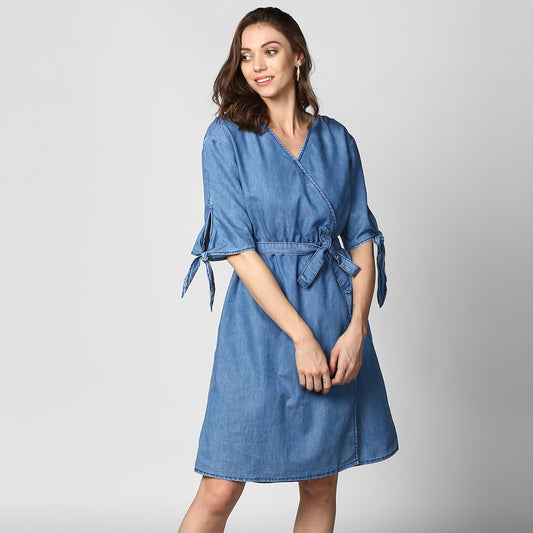 Women's Blue Denim Tie Sleeve Dress