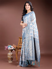 White & Maroon Woven Linen Cotton Saree with Rich Zari Border – Soft Festive Wear Saree for Women