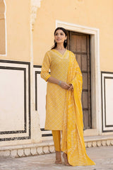 Women Yellow V Neck Thread Embroidered Kurta Paired With Printed Bottom And Dupatta