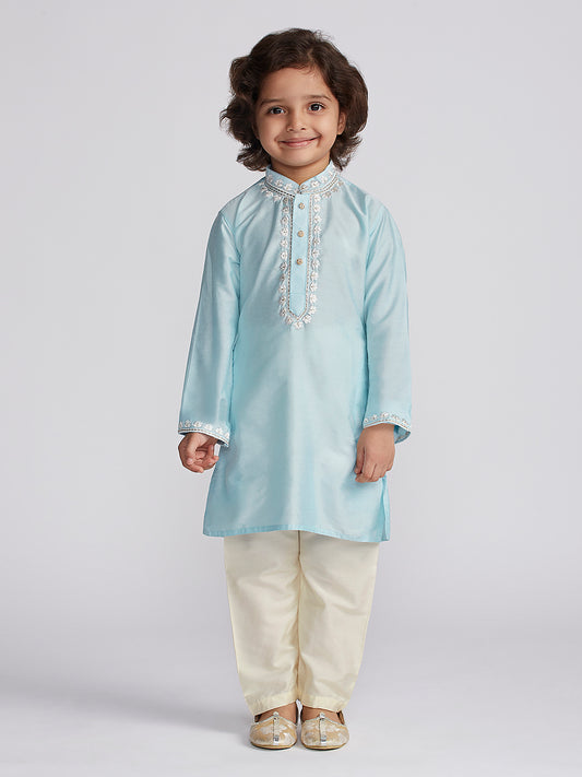 Boys' Aqua And Cream Kurta And Pyjama Set