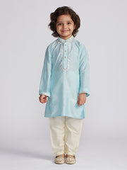 Boys' Aqua And Cream Kurta And Pyjama Set
