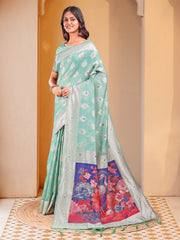 Floral Linen Cotton Saree with Zari Border & Digital Printed Pallu - Elegant Sari for Festive Occasions