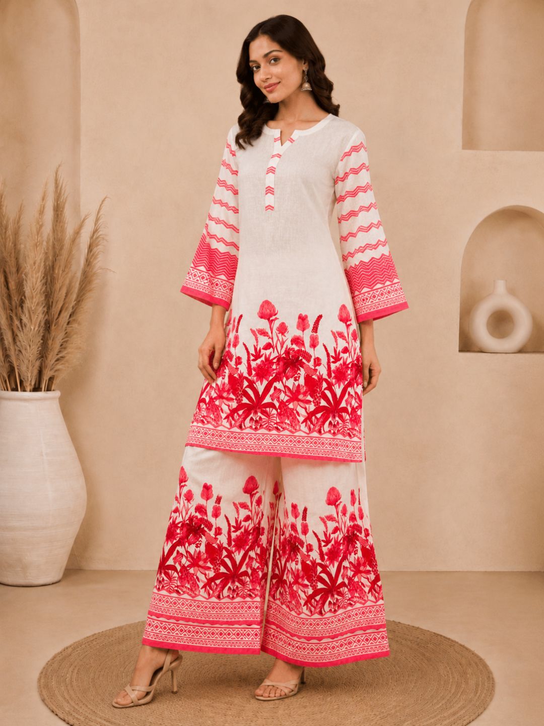 Off White Printed Cotton Straight Kurta Set