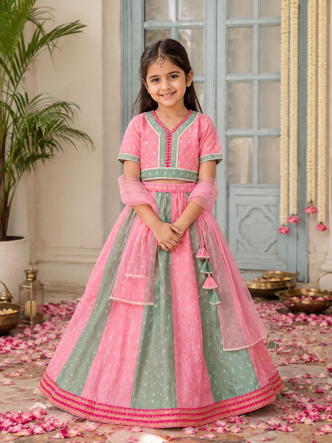 Girls Prach & Green Woven Design with Embroidered Patti Lehenga, Choli, Dupatta