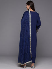 Women Navy Blue Solid V-Neck  Embellished With Gota Straight Kurta Paired With Tonal Bottom And Dupatta