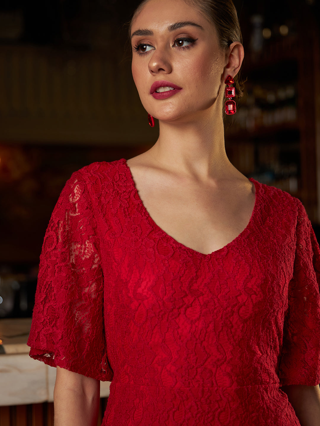 Self Design Bell Sleeves Lace A-Line Dress