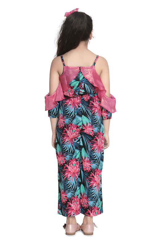 Girls Floral Jumpsuit with Pink Off Shoulder ruffle