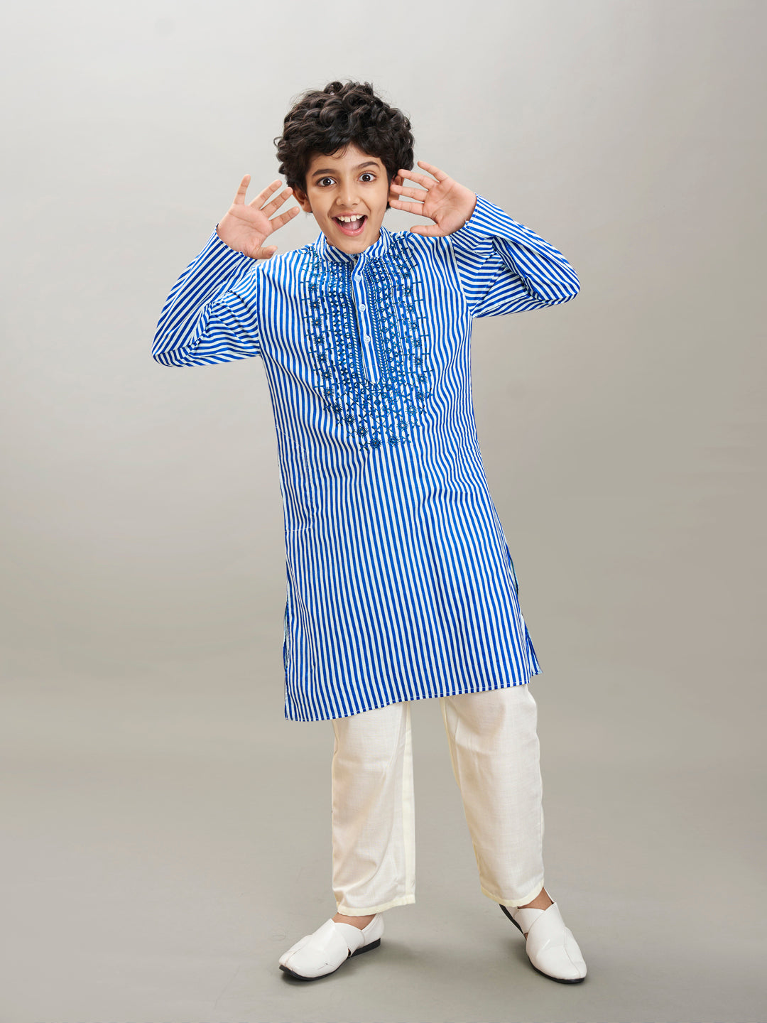 Boys blue white stripe embroidery kurta with a off white pajama