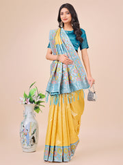 Premium Pink & Sky Blue Floral Woven Lichi Silk Saree with Rich Pallu & Tassels – Festive & Party Wear for Women