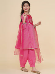 Solid Three-Fourth Sleeves Above Knee Length Silk Kurta & Salwar With Dupatta - Pink