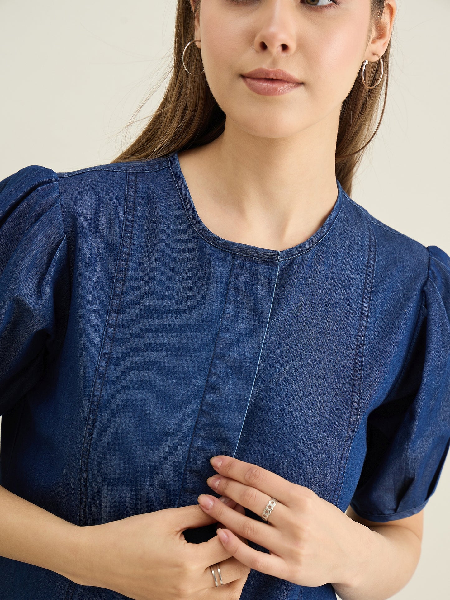 StyleStone Women's Denim Dress with Puff Sleeves