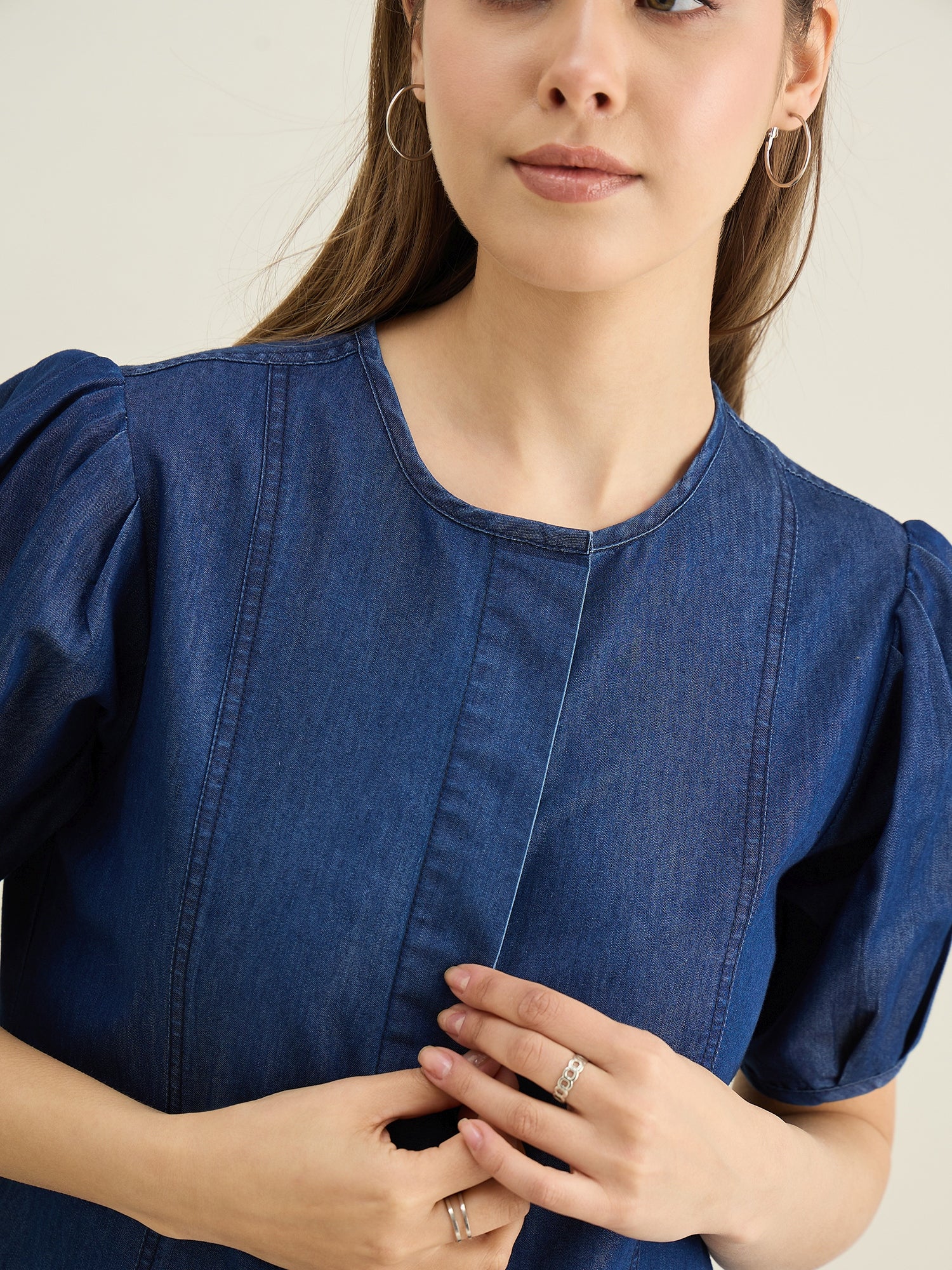 StyleStone Women's Denim Dress with Puff Sleeves