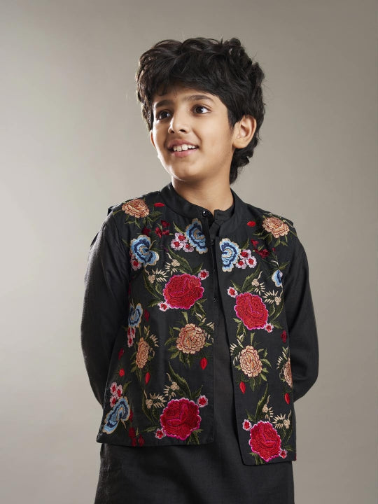 Boys Black kurta matching pajama with a black embroidry jacket