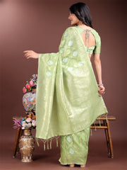 Elegant Sea Green Cotton Saree for Women – Soft Lightweight Saree with Zari Woven Butta & Tassel Border