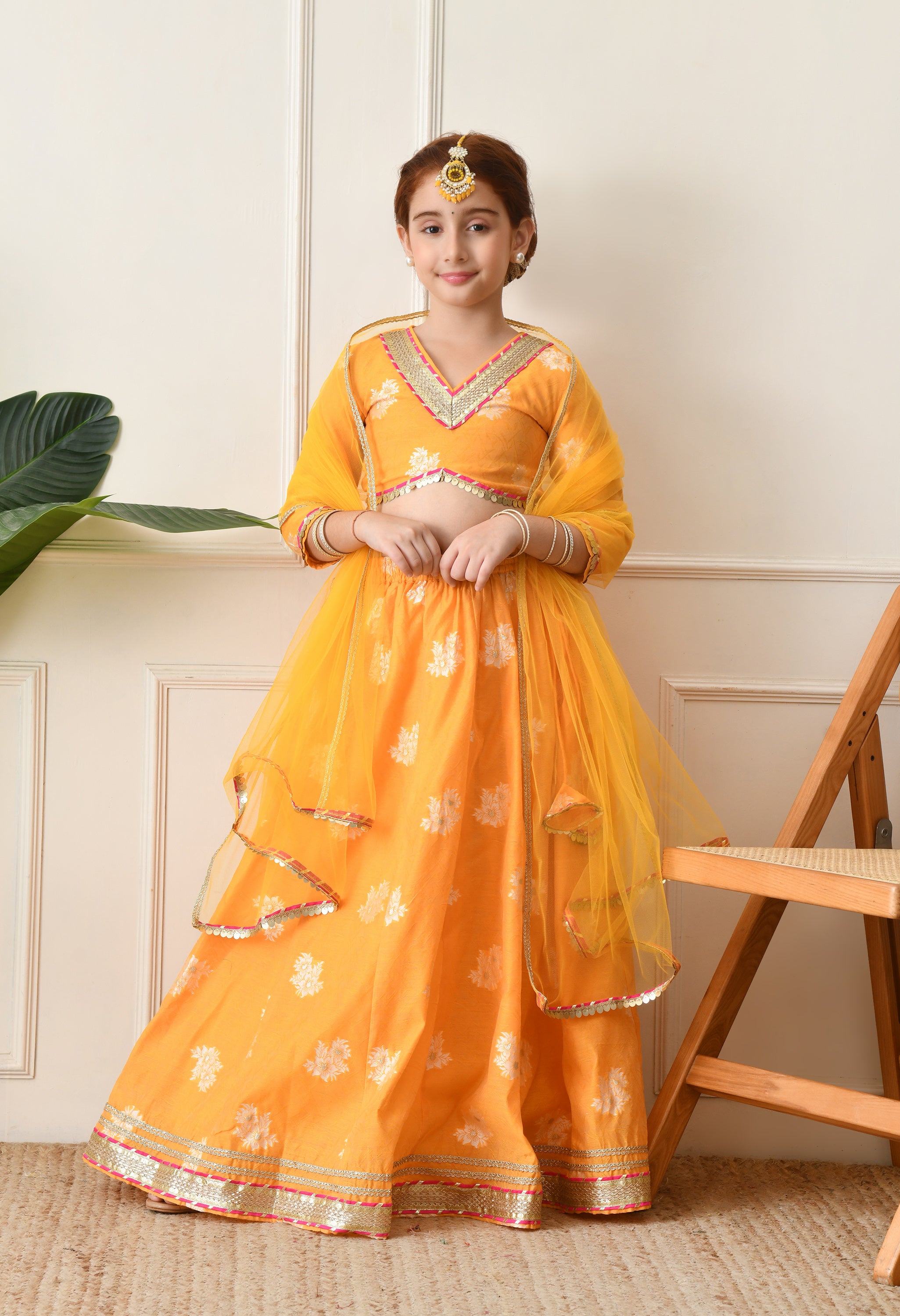 Girls Mustard Yellow Embroidered Lehenga Choli Set with Net Dupatta