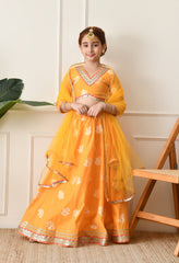 Girls Mustard Yellow Embroidered Lehenga Choli Set with Net Dupatta