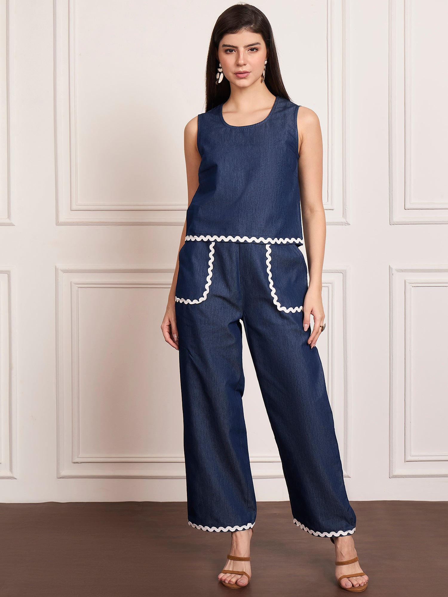 StyleStone Women's Denim Top & Pant Set with Ric Rac Lace detail