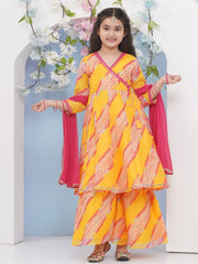 Girls Yellow Leheriya Printed Angrakha Kurta with Sharara with dupatta