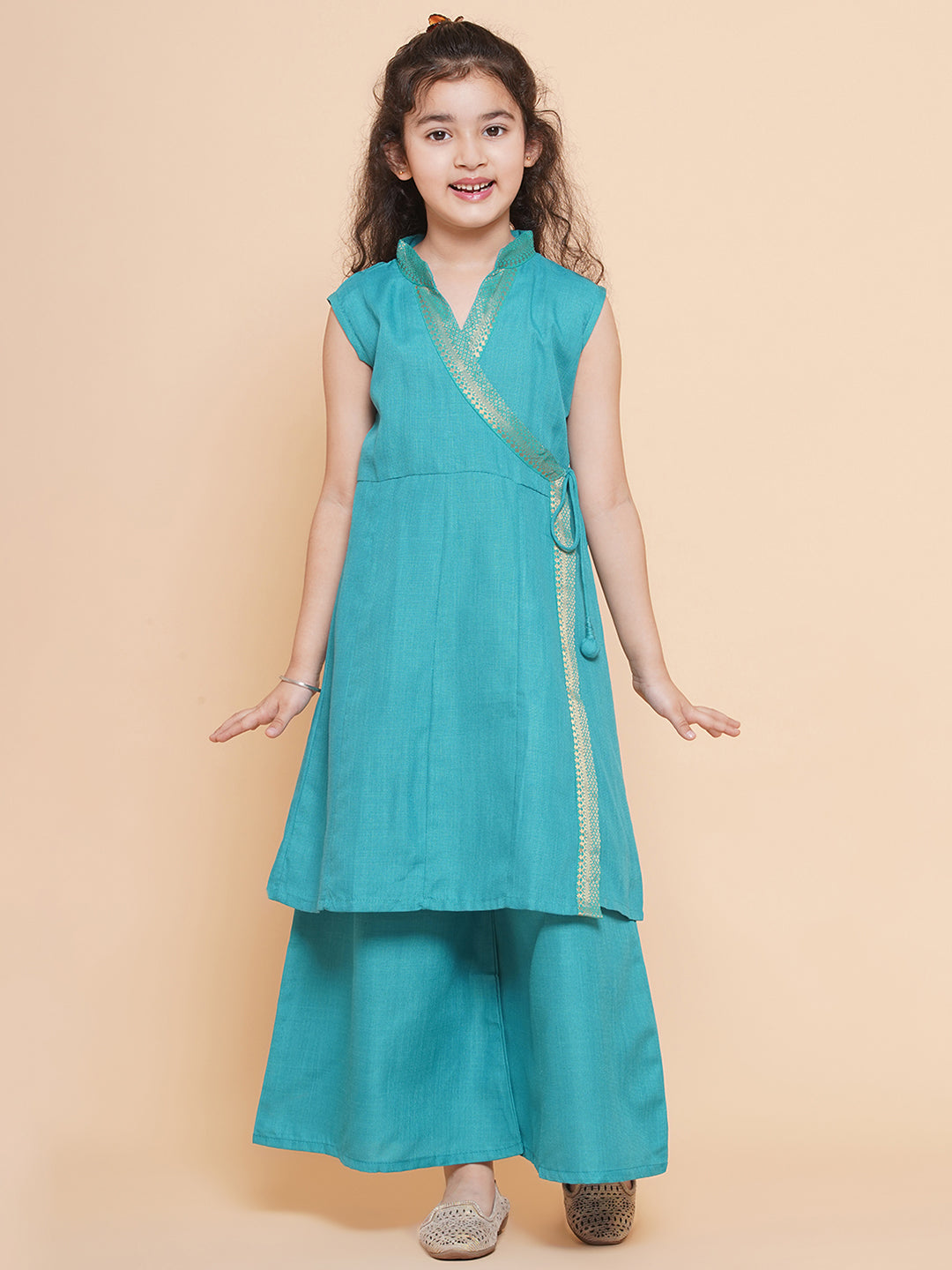 Solid Sleeveless Above Knee Length Cotton Kurta With Palazzo - Sea Green