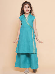 Solid Sleeveless Above Knee Length Cotton Kurta With Palazzo - Sea Green