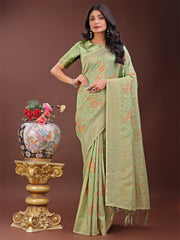 Elegant Orange Linen Cotton Saree with Floral Weave & Soft Gold Pallu – Graceful Choice for Casual, Office & Festive Looks