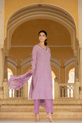 Women Lavender V Neck Thread Embroidered Kurta Paired With Printed Bottom And Dupatta