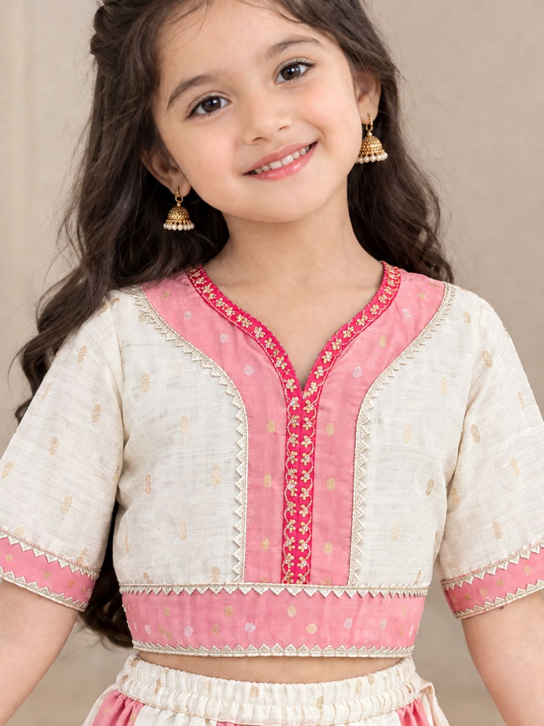 Girls Off White & Green Woven Design Embroidered Patti Lehenga, Choli, Dupatta