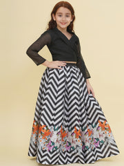Girls Indo-Western Black & White Zig Zag Flower Digital Printed Top & Ready to wear Lehenga