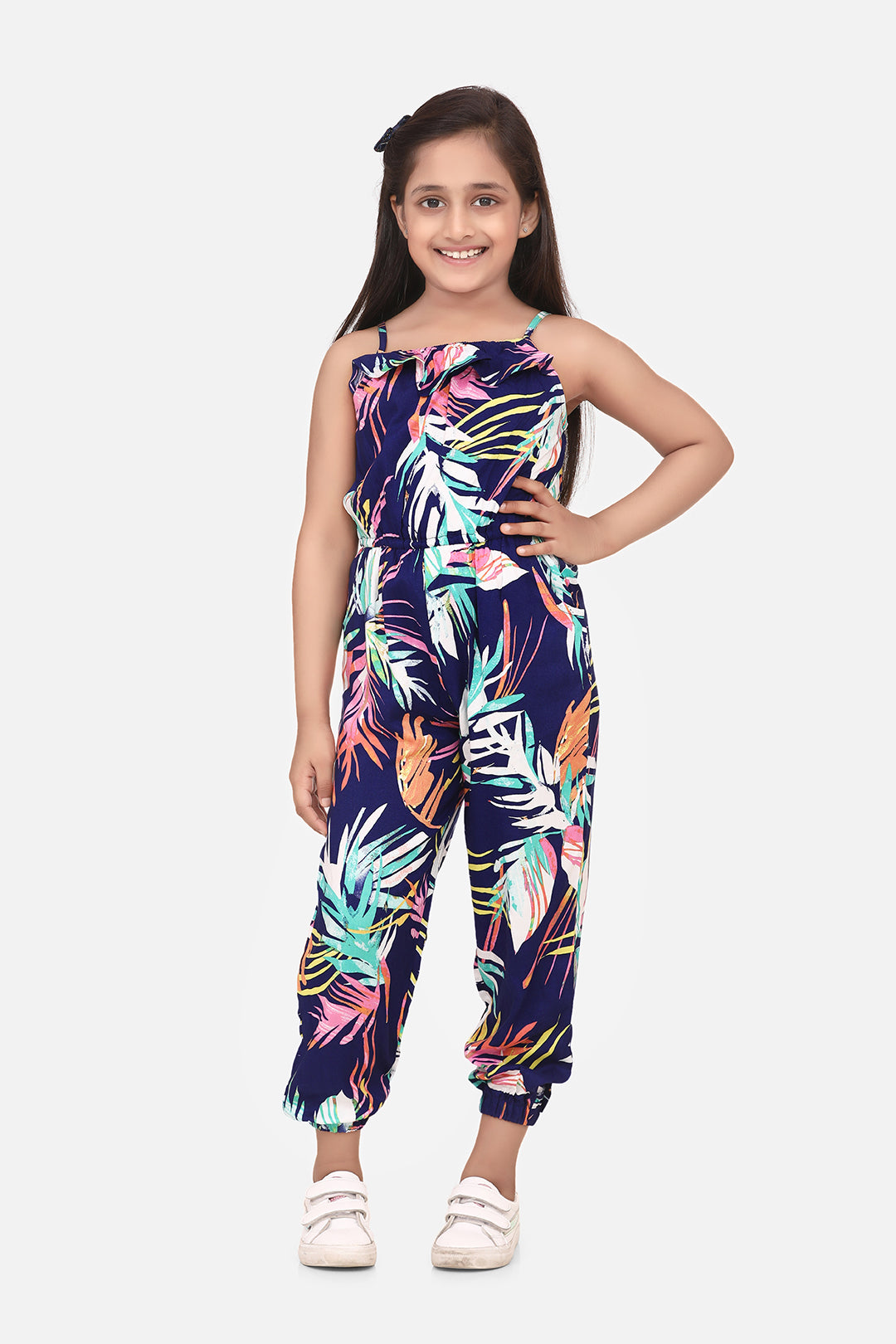 Girls Multi colored Leaf Print Rayon Jumpsuit