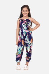 Girls Multi colored Leaf Print Rayon Jumpsuit
