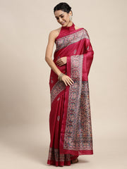 ساري نسائي من حرير خادي وردي مطبوع عليه صورة مشاهير، مع قطعة بلوزة