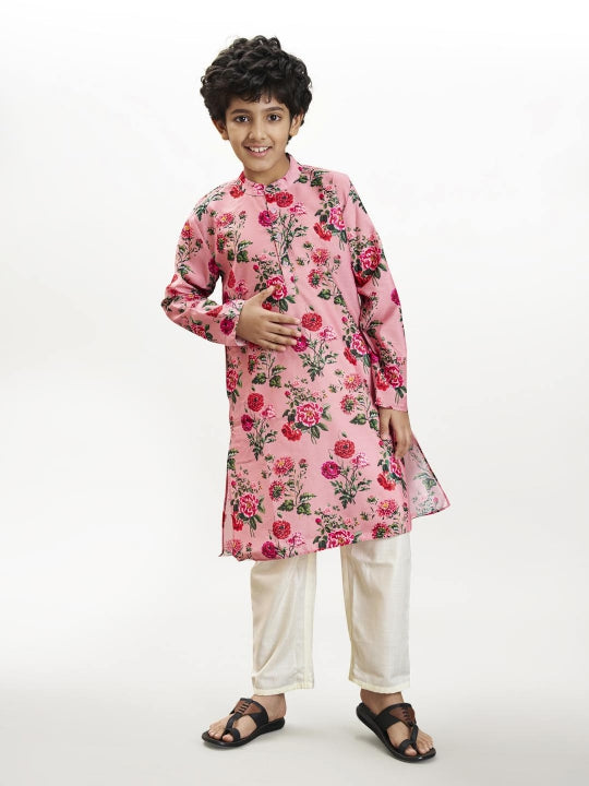 Boys Peach floral printed kurta with a off white pajama