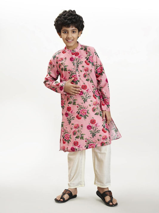 Boys Peach floral printed kurta with a off white pajama